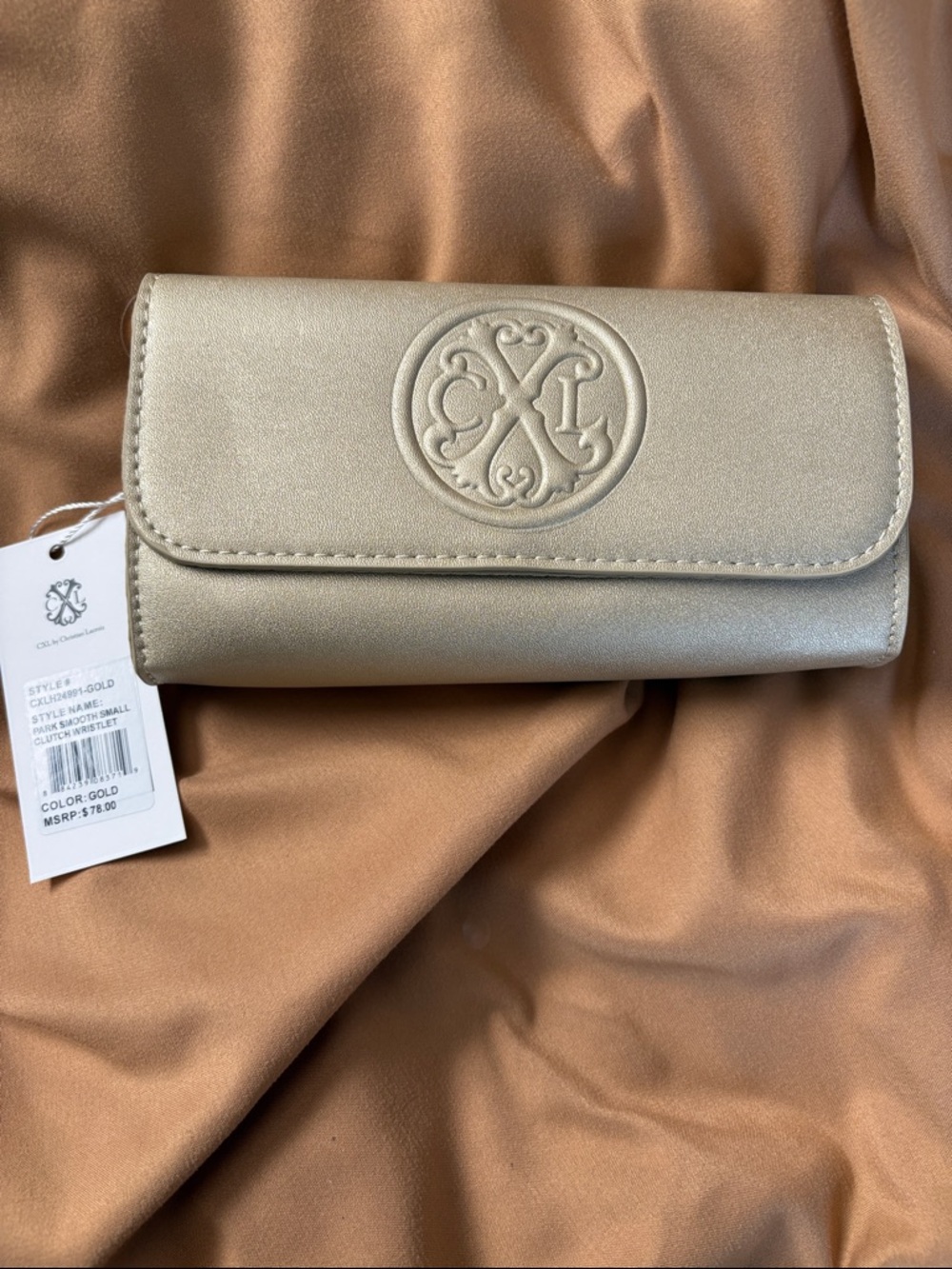 Celeste Gold Embossed Logo Clutch